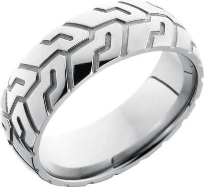Titanium 8mm domed band with a laser-carved cycle pattern