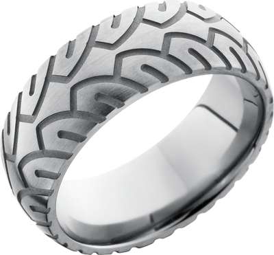 Titanium 8mm domed band with a laser-carved cycle pattern