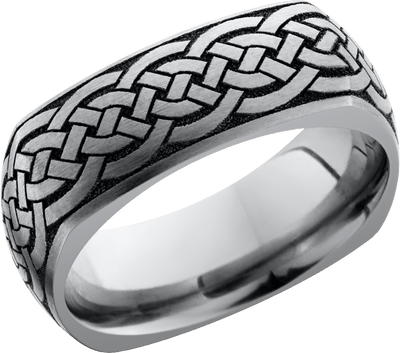 Titanium 8mm domed square band with a laser-carved celtic pattern