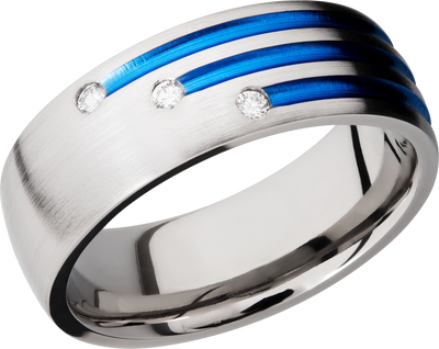Titanium 8mm domed band with three staggered grooves with Cerakote and 3, .03 flush-set diamonds