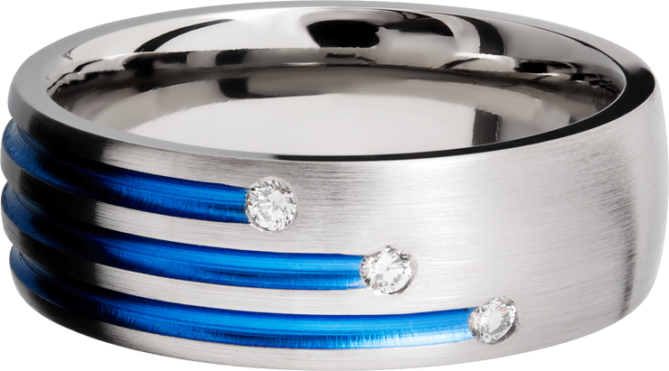 Titanium 8mm domed band with three staggered grooves with Cerakote and 3, .03 flush-set diamonds