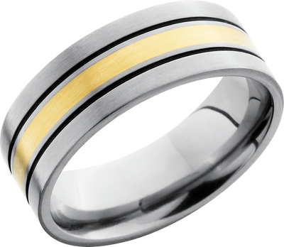 Titanium 8mm flat band with an inlay of 14K yellow gold and Cerakote filled grooves on either side