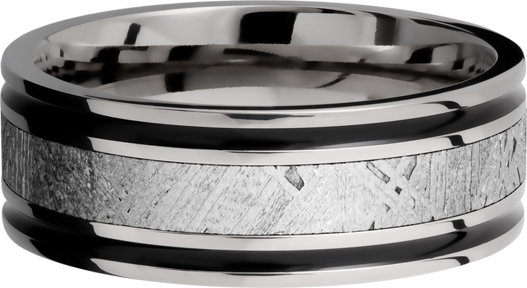 Titanium 8mm flat band with an inlay of authentic Gibeon Meteorite
