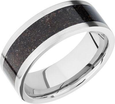 Titanium 8mm flat band with a mosaic inlay of black dinosaur bone