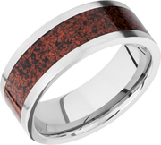 Titanium 8mm flat band with a mosaic inlay of red dinosaur bone