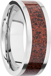 Titanium 8mm flat band with a mosaic inlay of red dinosaur bone