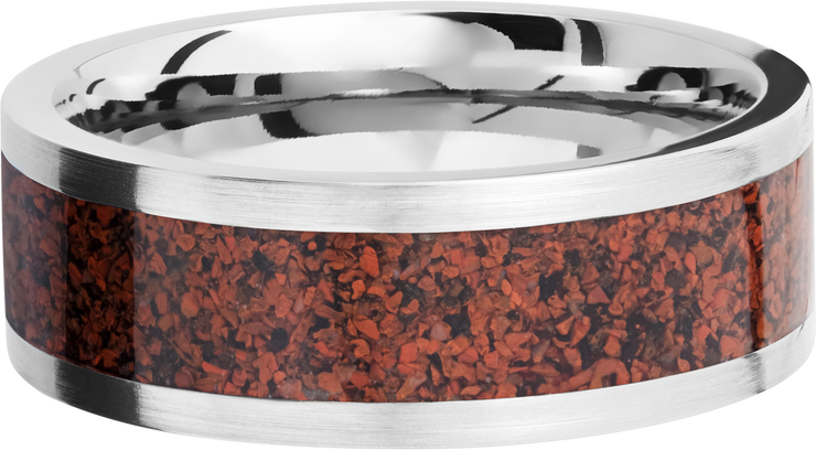 Titanium 8mm flat band with a mosaic inlay of red dinosaur bone