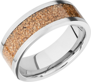 Titanium 8mm flat band with a mosaic inlay of tan dinosaur bone