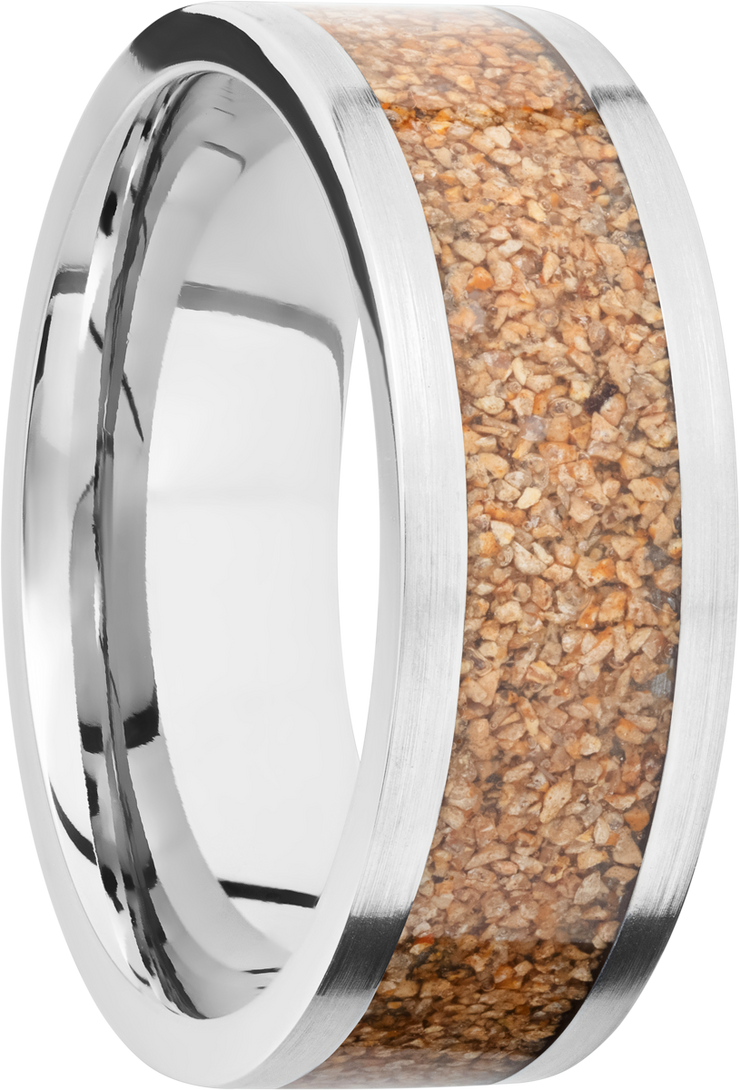 Titanium 8mm flat band with a mosaic inlay of tan dinosaur bone