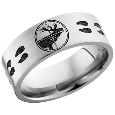 Titanium 8mm flat band with a laser-carved elk target and elk track pattern