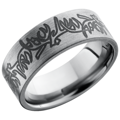 Titanium 8mm flat band with a laser-carved antler pattern