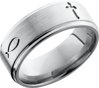 Titanium 8mm flat band with grooved edges and a laser-carved cross pattern