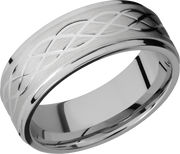 Titanium 8mm flat band with grooved edges and a laser-carved celtic pattern