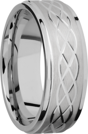 Titanium 8mm flat band with grooved edges and a laser-carved celtic pattern