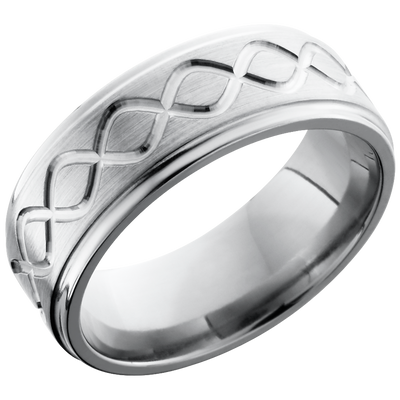 Titanium 8mm flat band with grooved edges and a laser-carved tall infinity pattern