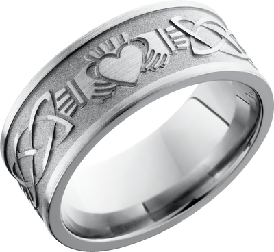 Titanium 9mm flat band with a laser-carved claddagh celtic pattern
