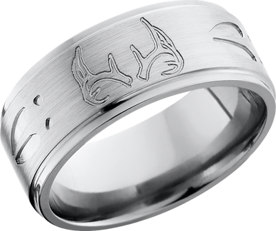 Titanium 9mm flat band with grooved edges and a laser-carved deer track pattern with Cerakote in the pattern recesses