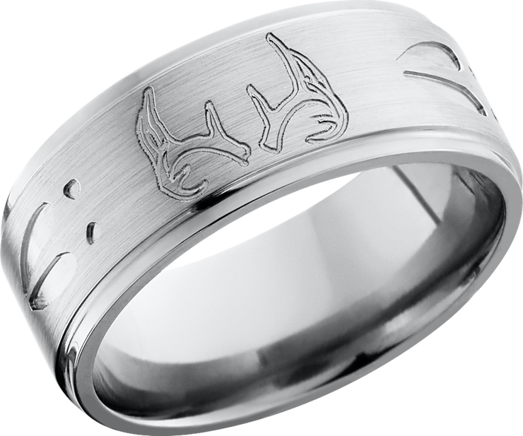 Titanium 9mm flat band with grooved edges and a laser-carved deer track pattern with Cerakote in the pattern recesses