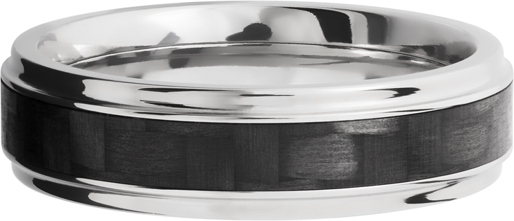 Titanium 6mm flat band with grooved edges and a 3mm inlay of black Carbon Fiber