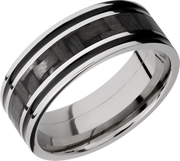 Titanium 8mm flat band with a 3mm inlay of black Carbon Fiber and 2, 1mm inlays of Cerakote