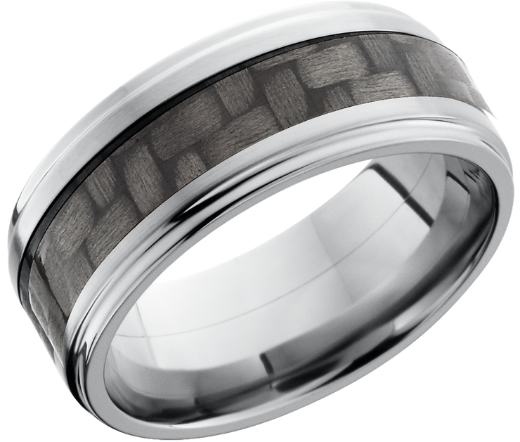 Titanium 9mm flat band with grooved edges and a 4mm inlay of black Carbon Fiber