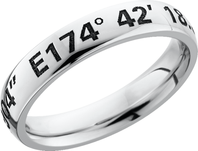 Cobalt chrome 4mm domed band with a laser-carved coordinates