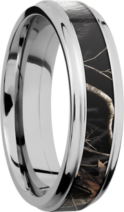 Cobalt chrome 6mm flat band with grooved edges and a 3mm inlay of Realtree APC Black Camo