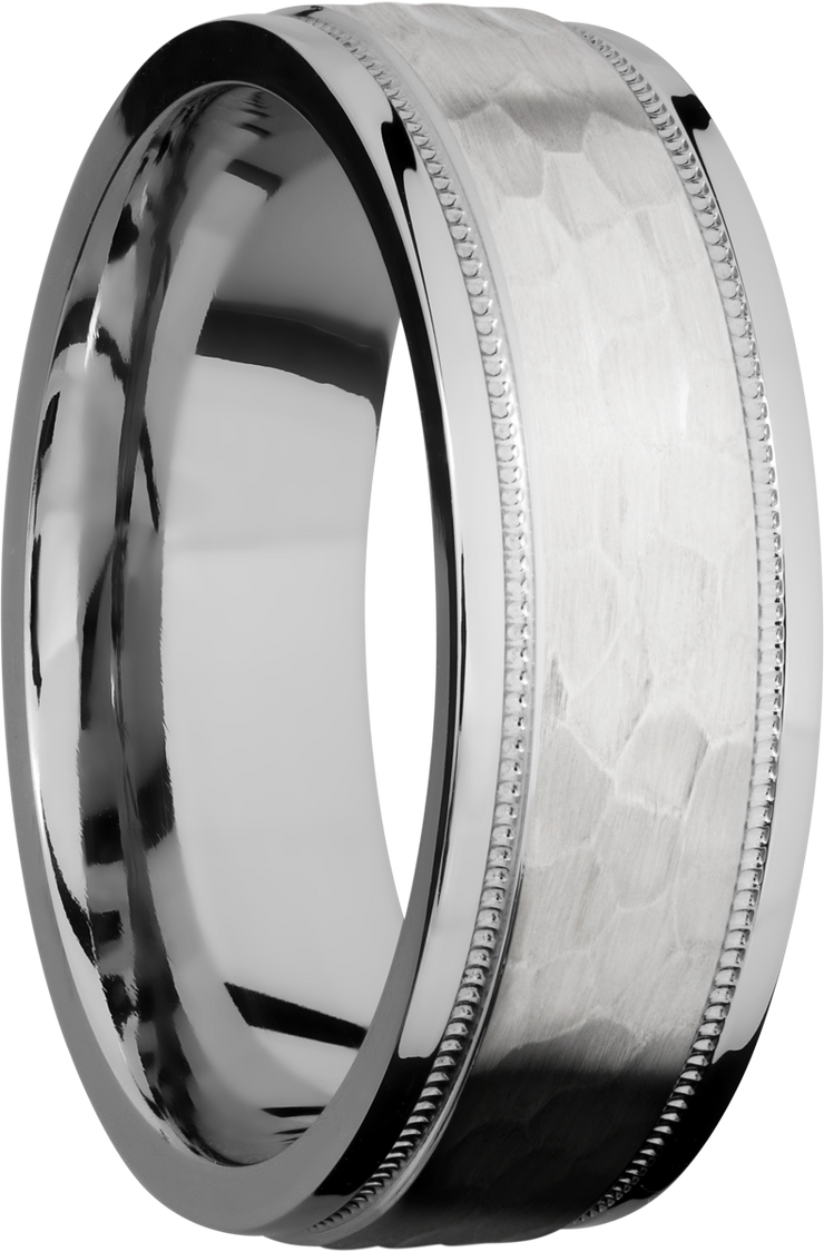 Cobalt chrome 7.5mm flat band with grooved edges and reverse milgrain detail