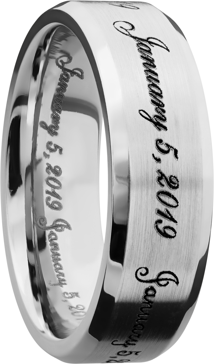 Cobalt chrome 7mm beveled band with laser-carved fonts