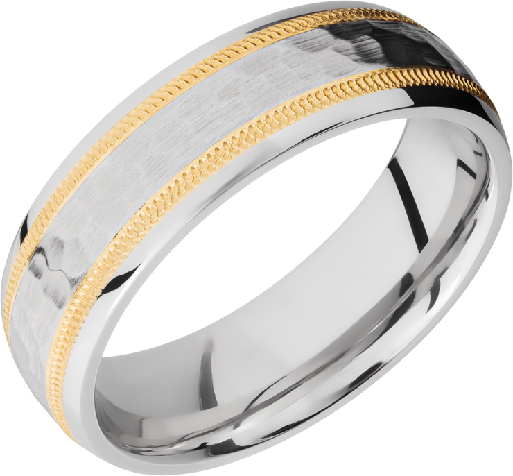 Cobalt chrome 7mm domed band with an two inlays of 14K yellow gold in milgrain