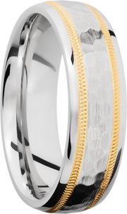 Cobalt chrome 7mm domed band with an two inlays of 14K yellow gold in milgrain