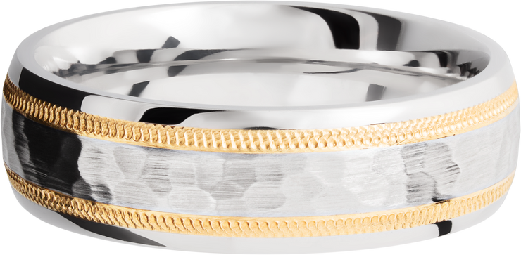 Cobalt chrome 7mm domed band with an two inlays of 14K yellow gold in milgrain