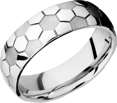 Cobalt chrome 7mm domed band with laser-carved soccer ball pattern