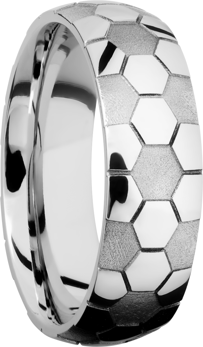 Cobalt chrome 7mm domed band with laser-carved soccer ball pattern
