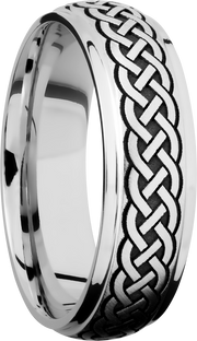 Cobalt chrome 7mm domed band with grooved edges and a laser-carved celtic pattern