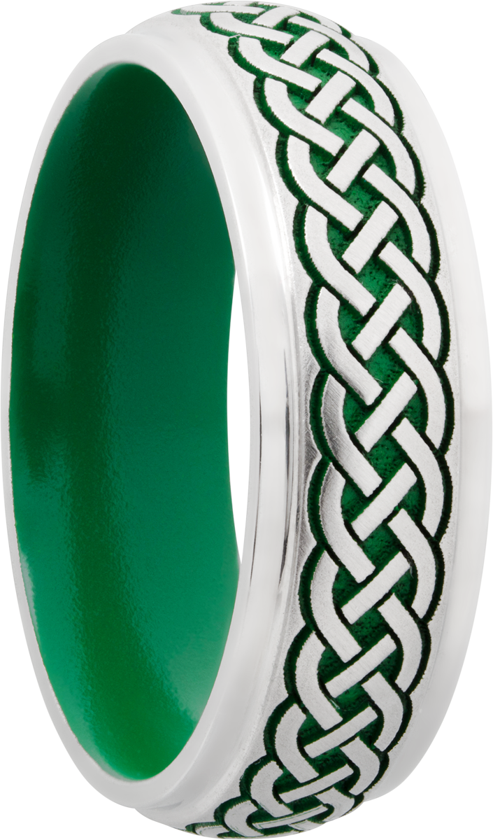 Cobalt chrome 7mm domed band with grooved edges a laser-carved Celtic pattern featuring Cerakote