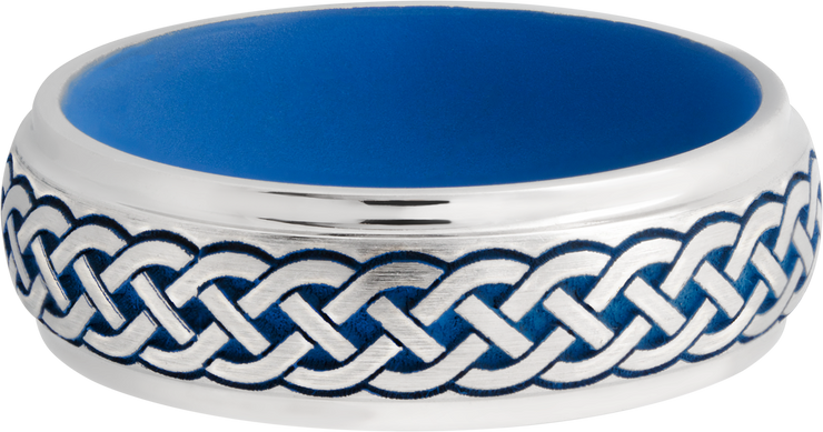 Cobalt chrome 7mm domed band with grooved edges a laser-carved Celtic pattern featuring Royal Blue Cerakote