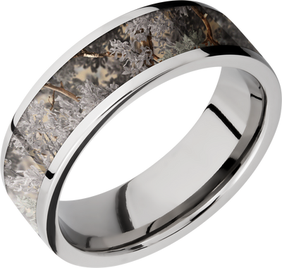 Cobalt chrome 7mm flat band with a 5mm inlay of Kings Desert Camo