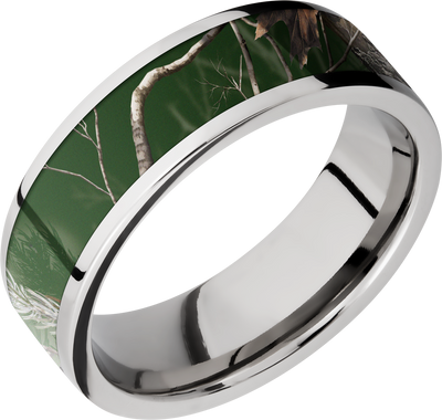 Cobalt chrome 7mm flat band with a 5mm inlay of Realtree APC Green Camo