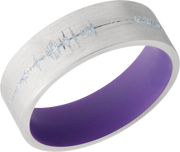 Cobalt chrome 7mm flat band with a laser-carved personalized soundwave and a Bright Purple Cerakote Sleeve