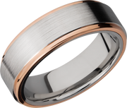 Cobalt chrome 7mm flat band with grooved edges and 14K rose gold edges