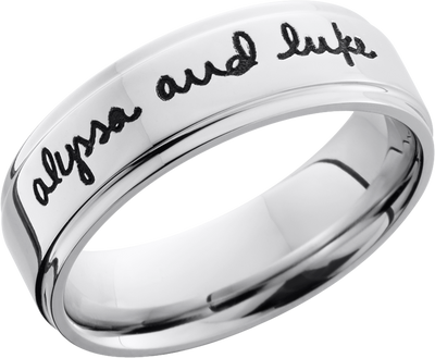 Cobalt chrome 7mm flat band with grooved edges and a laser-carved handwritten message