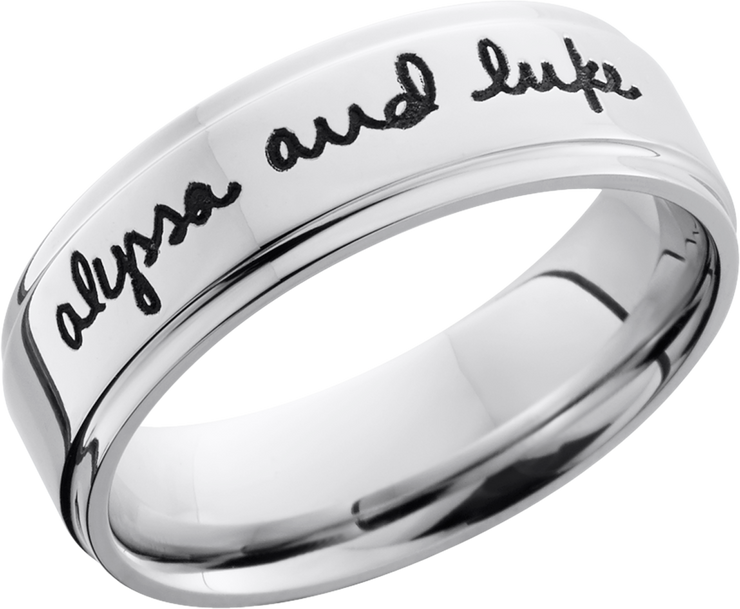 Cobalt chrome 7mm flat band with grooved edges and a laser-carved handwritten message