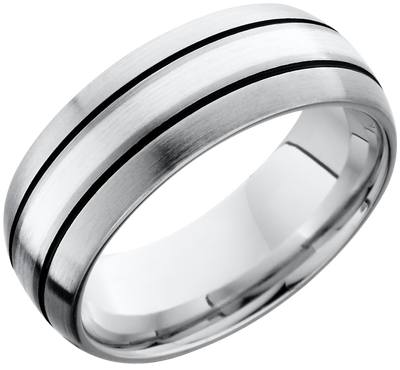 Cobalt chrome 8mm domed band with a 2mm inlay of sterling silver and antiquing on either side