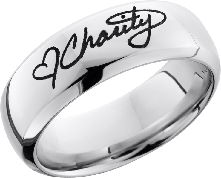 Cobalt chrome 8mm domed band with a laser-carved handwritten message