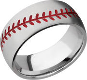 Cobalt chrome 8mm domed band with laser-carved baseball stitching and red Cerakote
