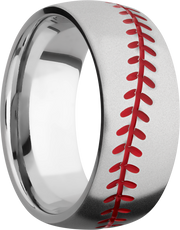 Cobalt chrome 8mm domed band with laser-carved baseball stitching and red Cerakote