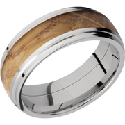 Cobalt chrome 8mm domed band with grooved edges and an inlay of Whiskey Barrel hardwood