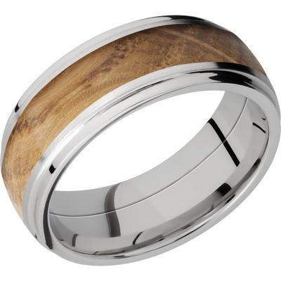 Cobalt chrome 8mm domed band with grooved edges and an inlay of Whiskey Barrel hardwood