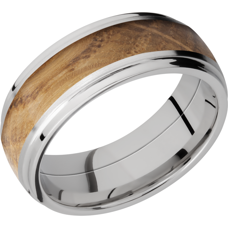 Cobalt chrome 8mm domed band with grooved edges and an inlay of Whiskey Barrel hardwood